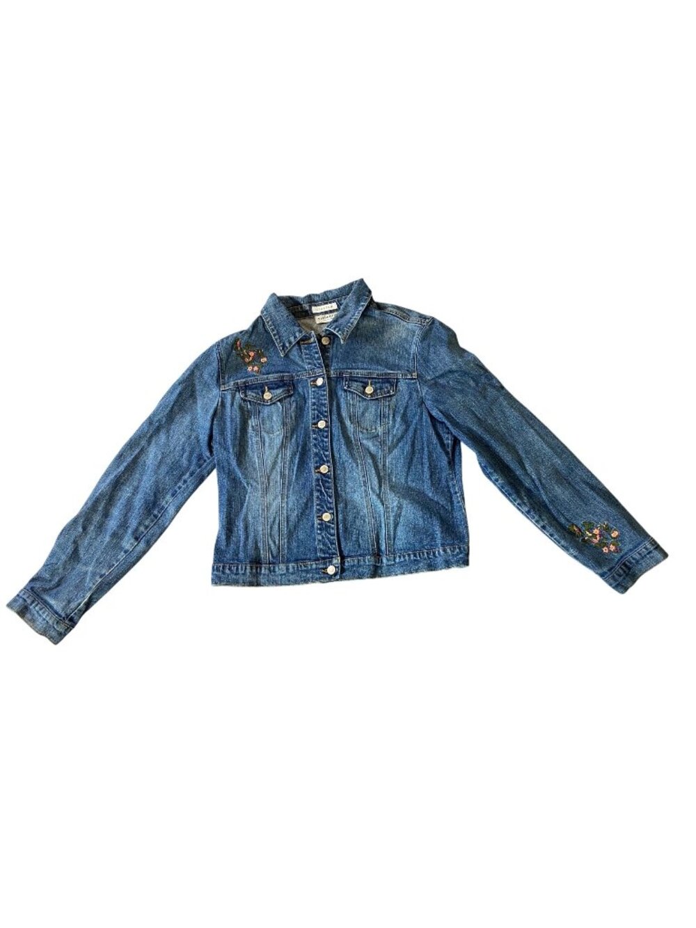 Villager Liz Claiborne Embroidered Blue Denim Jacket Stretch Button Front 10